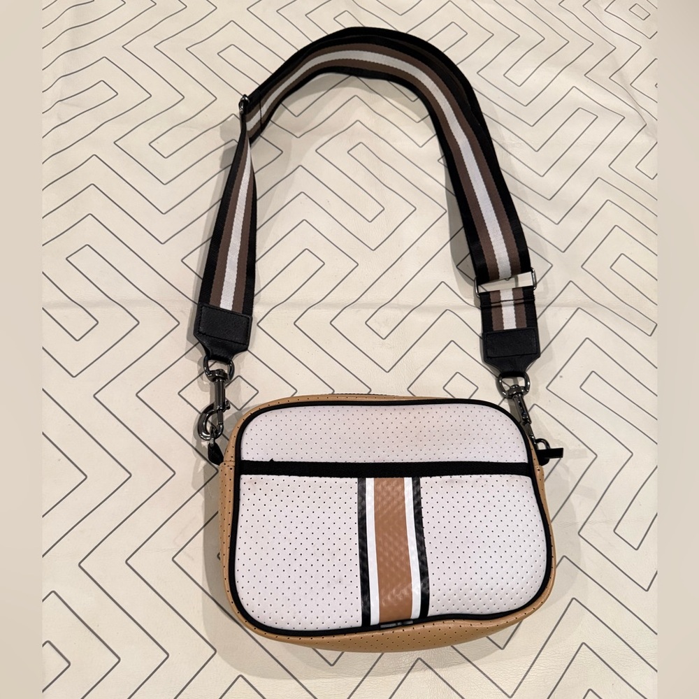 Haute Shore White and Beige Neoprene Perforated Crossbody
